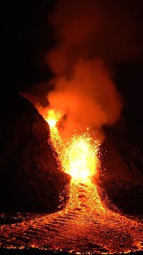 Glowing lava flowing down volcanic slope in the night