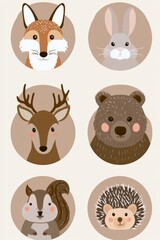 Fototapeta premium Cute animal illustrations featuring a fox, rabbit, deer, bear, squirrel, and hedgehog in a simple design