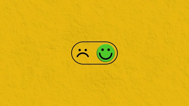 Toggle switch animation changing sad face to happy face, emotional mood shift concept