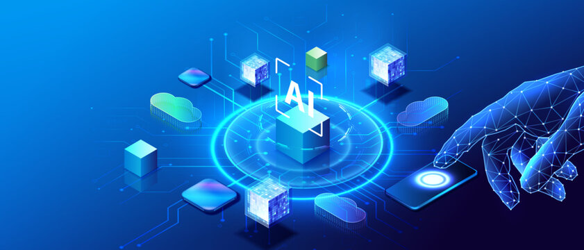 Isometric vector of AI controlling blockchain with a digital hand, cloud computing and smart data network. Futuristic technology concept for automation, cybersecurity and innovation.