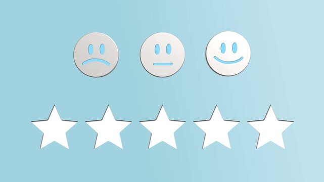 Customer satisfaction rating concept with animated smiley faces and five star review system feedback