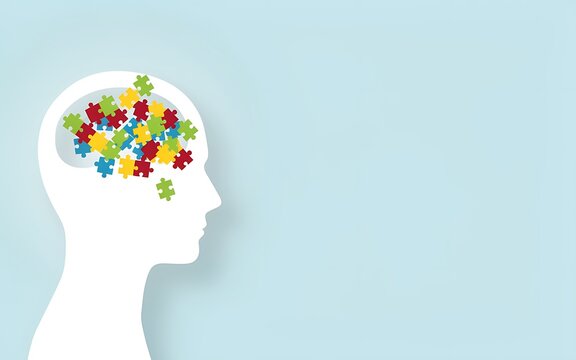 Human head silhouette with colorful puzzle pieces inside representing mental health and cognitive development concepts
