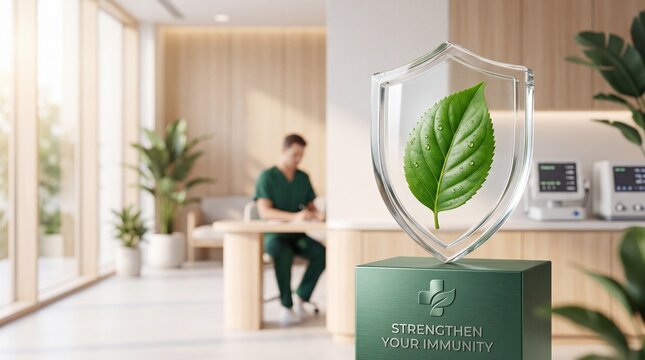 Glass shield with green leaf protecting immunity in clinic with symbolizing health protection protection bright medical