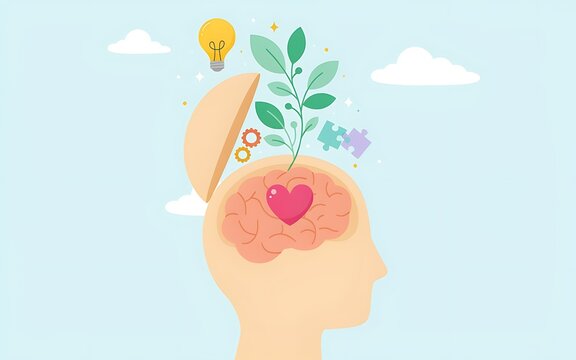 Illustration of an open human head with a growing plant and lightbulb representing creative thinking