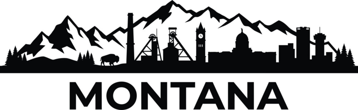 Black and white silhouette graphic featuring the mountainous skyline of butte montana with iconic mining headframe structures