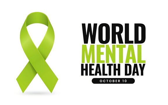 World mental health day awareness concept with a lime green ribbon on a white background