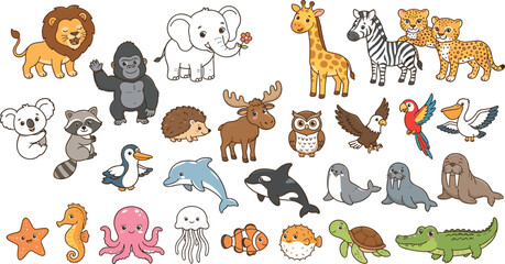 Obraz premium Cute Cartoon Wildlife Animals and Marine Creatures Collection Set with Birds Isolated on White Background Flat Vector IllustrationCute Cartoon Wildlife Animals and Marine Creatures Collection Set 