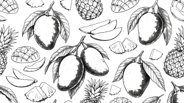 Detailed black ink engraving pattern featuring tropical mango fruits pineapple heads and sweet fresh slices on white background