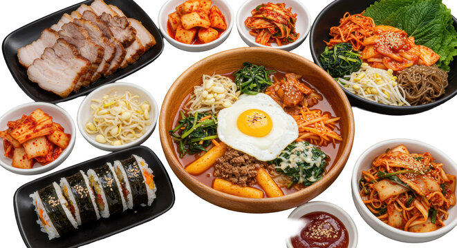 Vibrant, abundant Korean culinary feast: grilled pork belly, kimchi, bibimbap, tteokbokki, soju. White tabletop, top-down flat lay, copy space. Authentic celebration of Korean cuisine
