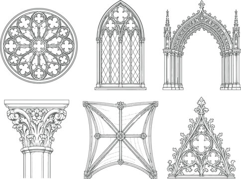Gothic architectural ornaments and window designs line art