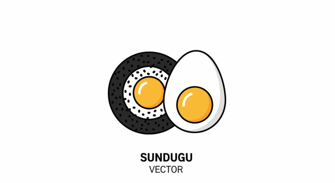 A simplified graphic of a sushi roll and a boiled egg