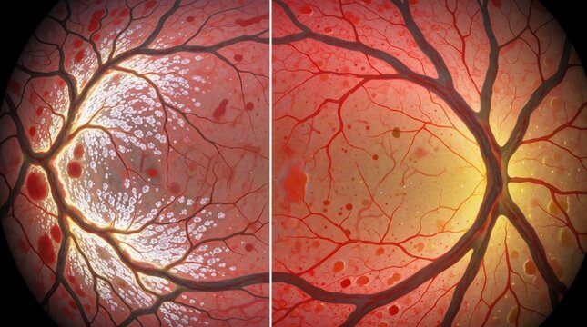 Medical comparison of healthy eye retina, age related macular degeneration pathology. Visual diagram shows optic nerve blood vessels, retinal tissue damage. Expert illustration demonstrates