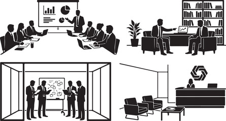 Obraz premium Set of black and white business silhouettes featuring corporate office scenes, including a boardroom presentation, a private meeting with bookshelves, a team brainstorming session, and a