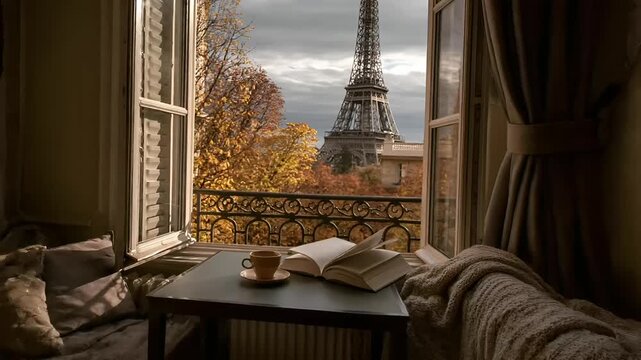 Paris, France, Europe. A serene, atmospheric portrayal of a cozy room with a panoramic view of the Eiffel Tower. The room features a window with white shutters.