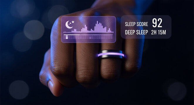 Smart ring tracking sleep score and deep sleep data, wearable health technology on hand, futuristic biometric tracker