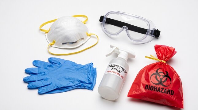 Personal protective equipment kit for safety and hygiene. Complete PPE set with gloves, goggles, mask, and sanitizer for workplace protection.