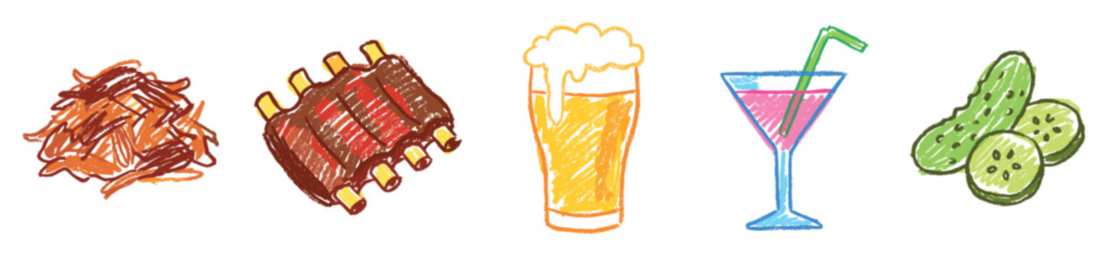 Food and drink icons set. Barbecue party and picnic concept. Includes pulled pork, BBQ ribs, beer glass, cocktail, pickles. Hand-drawn crayon style