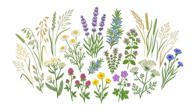 Botanical Collection: Wildflowers, Herbs, and Grasses illustration