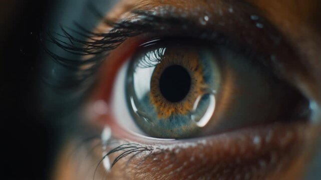 Cinematic extreme macro footage of a tear film in a soulful dog eye for international dog day