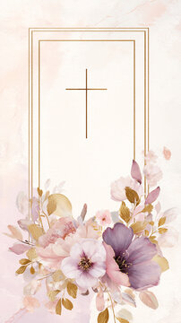 Frame with a cross and ornate religious frames and ethnic decorative leaves. Perfect for Easter cards, Christmas cards, and baptism cards..