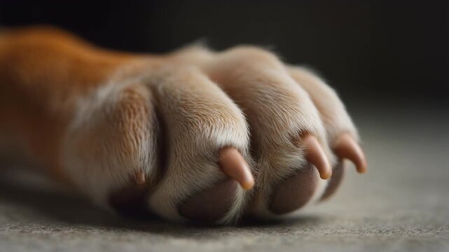 Cinematic extreme macro footage of a faithful dog paw pad symbolizing a lifelong journey for international dog day