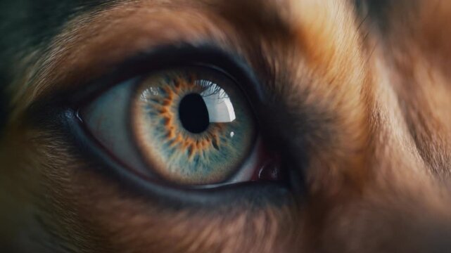Cinematic extreme macro footage of a loyal dog eye reflecting unconditional love for international dog day