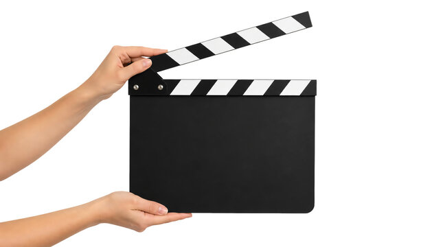 Hand holding clapper board isolated on transparent background.