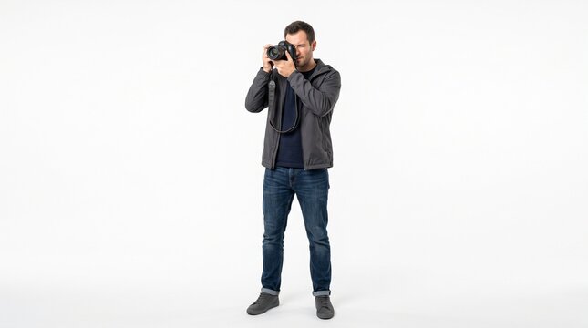 Professional male photographer taking pictures with digital camera, man in casual jacket and jeans holding DSLR, creative person working on white background