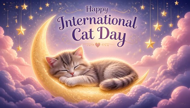 Sleeping Kitten on Crescent Moon Greeting Card for International Cat Day.