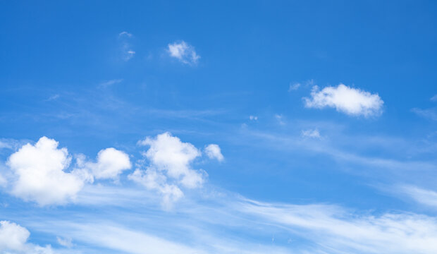 Beautiful blue sky and white cumulus clouds abstract background. Cloudscape background. Blue sky and fluffy white clouds on sunny days. Beautiful blue sky. World Ozone Day. Ozone layer. Summer sky.