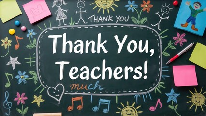 Fototapeta premium Thank you teachers chalkboard background with colorful drawings
