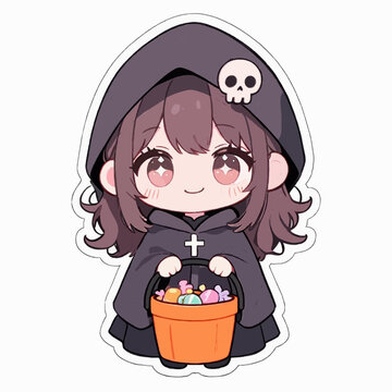 Cute chibi cartoon in black cloak with skull hood, pink eyes, and orange candy bucket full of colorful treats for Halloween.