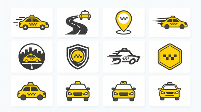 Taxi Service Icon Collection with Cab Transportation Map Pin and Ride Symbols