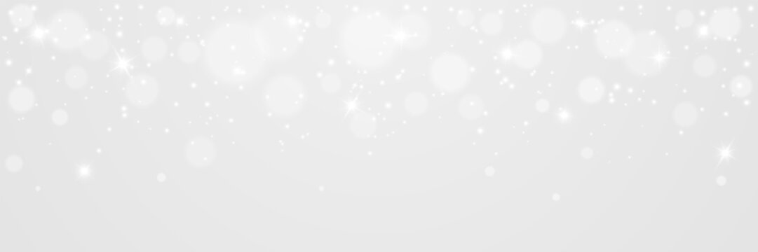 Light background with silver glitter. Sparkling stars, soft bokeh and glowing particles. Elegant luxury overlay for festive banner. Holiday minimal composition template. Vector Illustration.