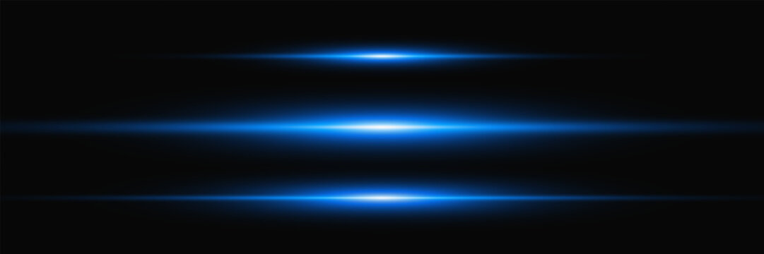 Blue lens flare set. Light effect with glowing horizontal beams. Futuristic laser glow for technology, sci-fi, gaming or digital design. Neon glowing elements. Vector Illustration.