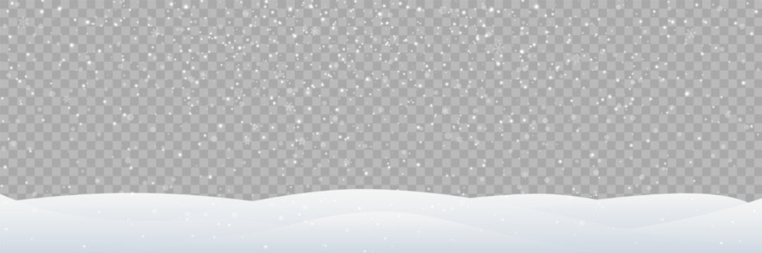 Winter snow background with falling snowflakes and snowy landscape. Christmas holiday template for festive banner or greeting card. Holiday decoration. Xmas wallpaper. Vector Illustration.