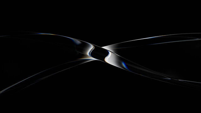 Abstract elegant glass wave with chromatic aberration, transparent twisting ribbon on black background with copy space. 3d rendering illustration not AI