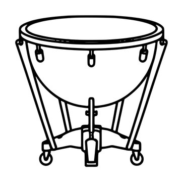 Hand-traced vector illustration of a classical copper timpani kettle drum on a metal frame with tuning lugs, pedal mechanism, and caster wheels, rendered in clean black line art on white