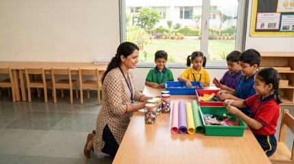 Obraz premium Indian Teacher Guides Young Students in Classroom Activity for India's Independence Day