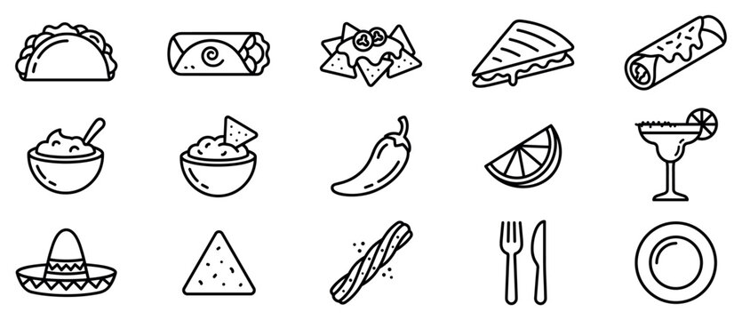 Mexican food icons set. Traditional cuisine and dining concept. Includes taco, burrito, nachos, quesadilla, enchilada, guacamole, chili pepper, lime, margarita, sombrero, tortilla chip,