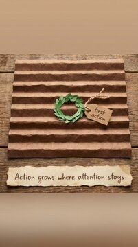 Rustic Handmade Wreath and Tag Featuring 'First Action' and 'Action Grows Where Attention Stays' Quotes, Perfect for Low Attention Span Motivation