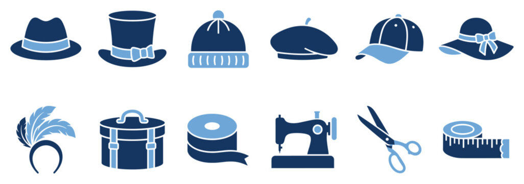 Hat and sewing icons set. Fashion and tailoring concept. Includes fedora, top hat, beanie, beret, baseball cap, sun hat, fascinator, hat box, ribbon, sewing machine, scissors, measuring