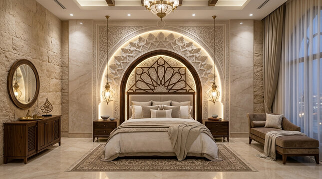 Luxurious Arabian-inspired bedroom with ornate headboard and elegant decor