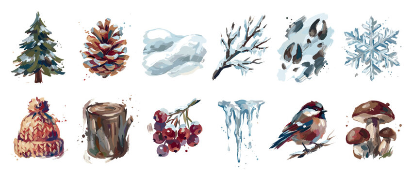 Winter nature icons set. Seasonal elements and wildlife concept. Includes pine tree, pine cone, snowdrift, icy branch, animal tracks, snowflake, knitted hat, tree stump, rowan berries,