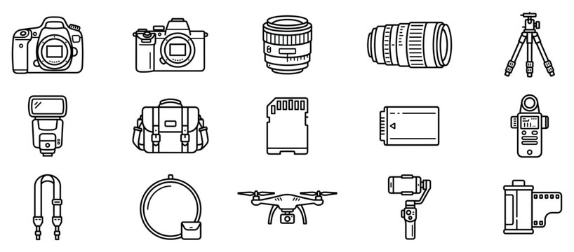 Photography equipment icons set. Professional photo and video gear concept. Includes DSLR camera, mirrorless camera, lens, tripod, flash, bag, memory card, battery, light meter, strap,