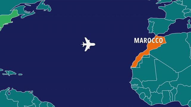 Flight Map Animation Showing Airplane Route Travelling From USA to Morocco. Perfect visual for video editors, content creators, and marketing agencies needing high-end geographical transitions.