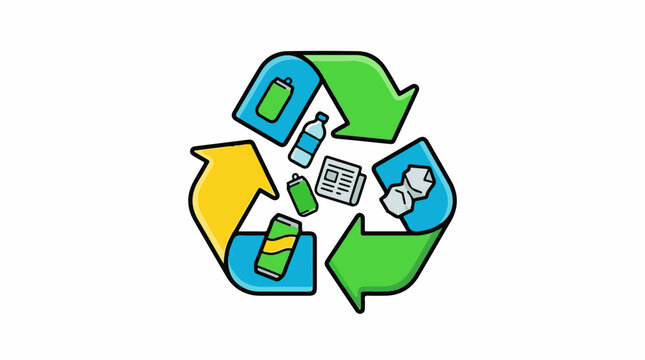 A recycling symbol with various recyclable items inside