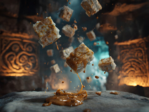 Floating crispy pork crackling cubes with seasoning crumbs in dramatic cinematic lighting, gourmet snack concept with dynamic food levitation