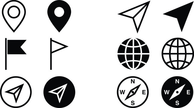 Navigation location map pin globe and paper plane icon set for travel communication vector