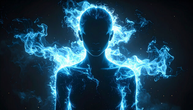 青白いエネルギーオーラをまとった全身人物シルエットのパワーアップ演出
Full body human silhouette surrounded by blue white power up energy aura